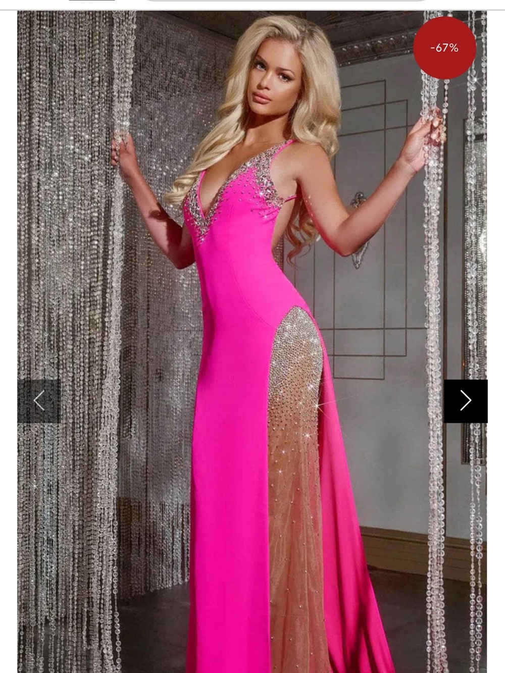 Jovani Hot Pink Beaded V-Neck Prom Dress with Crystal Inset